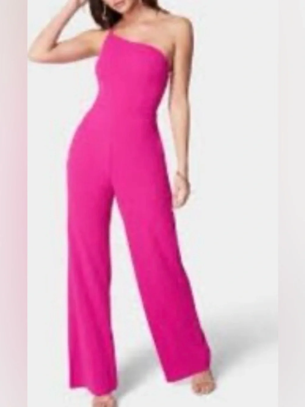 Crystal Sky One-Shoulder Wide-Leg Jumpsuit in Bright Fuchsia w Pockets - Large